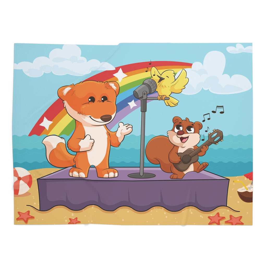 Full-color swaddle blanket with a scene of a fox singing with a bird and squirrel on a stage on the beach with a rainbow in the background.