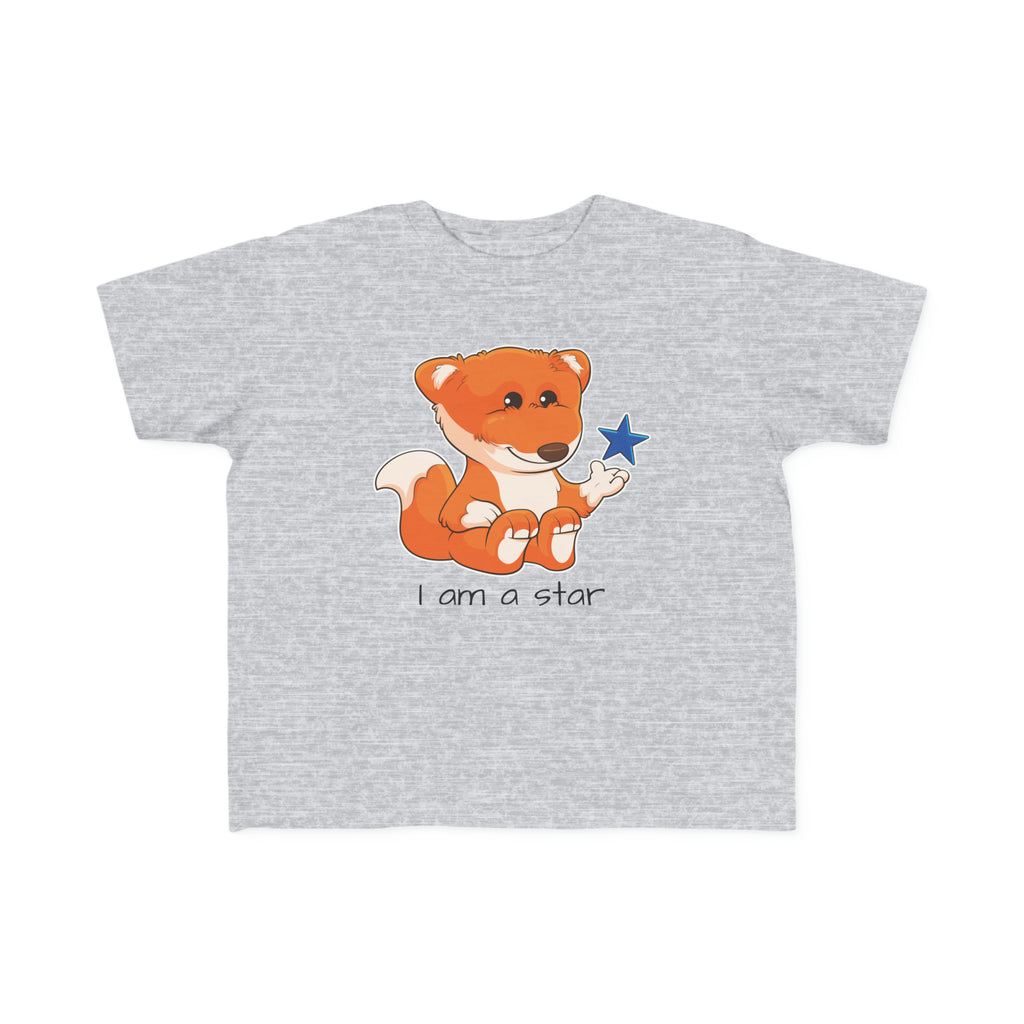 A short-sleeve heather grey shirt with a picture of a fox that says I am a star.