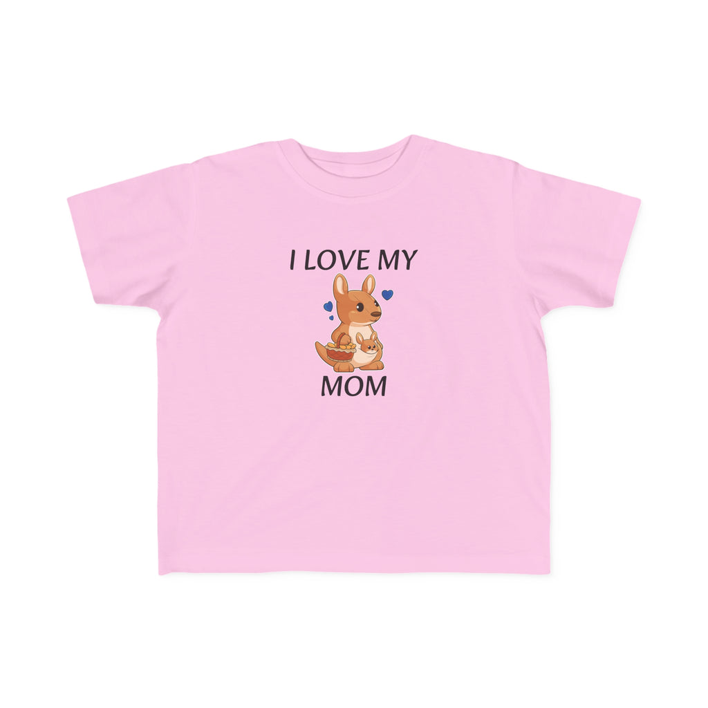 A short-sleeve light pink shirt with a picture of a kangaroo that says I Love My Mom.