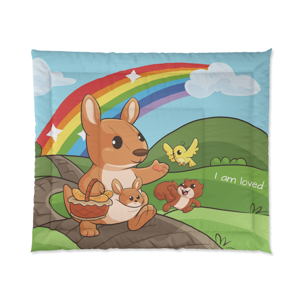 A 104 by 88 inch bed comforter with a scene of a kangaroo walking along a path through rolling hills, a rainbow in the background, and the phrase "I am loved".