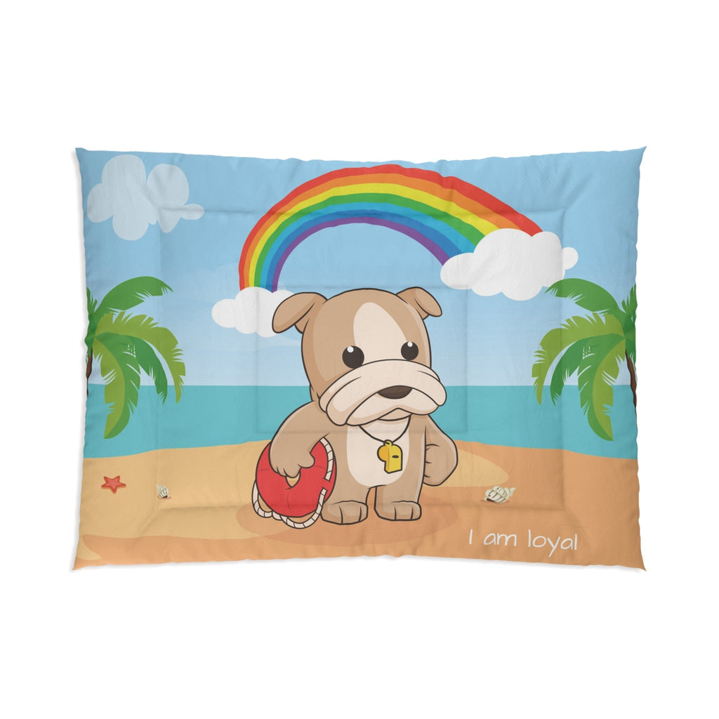 A 68 by 92 inch bed comforter with a scene of a dog lifeguard standing on a beach, a rainbow in the background, and the phrase "I am loyal" along the bottom.