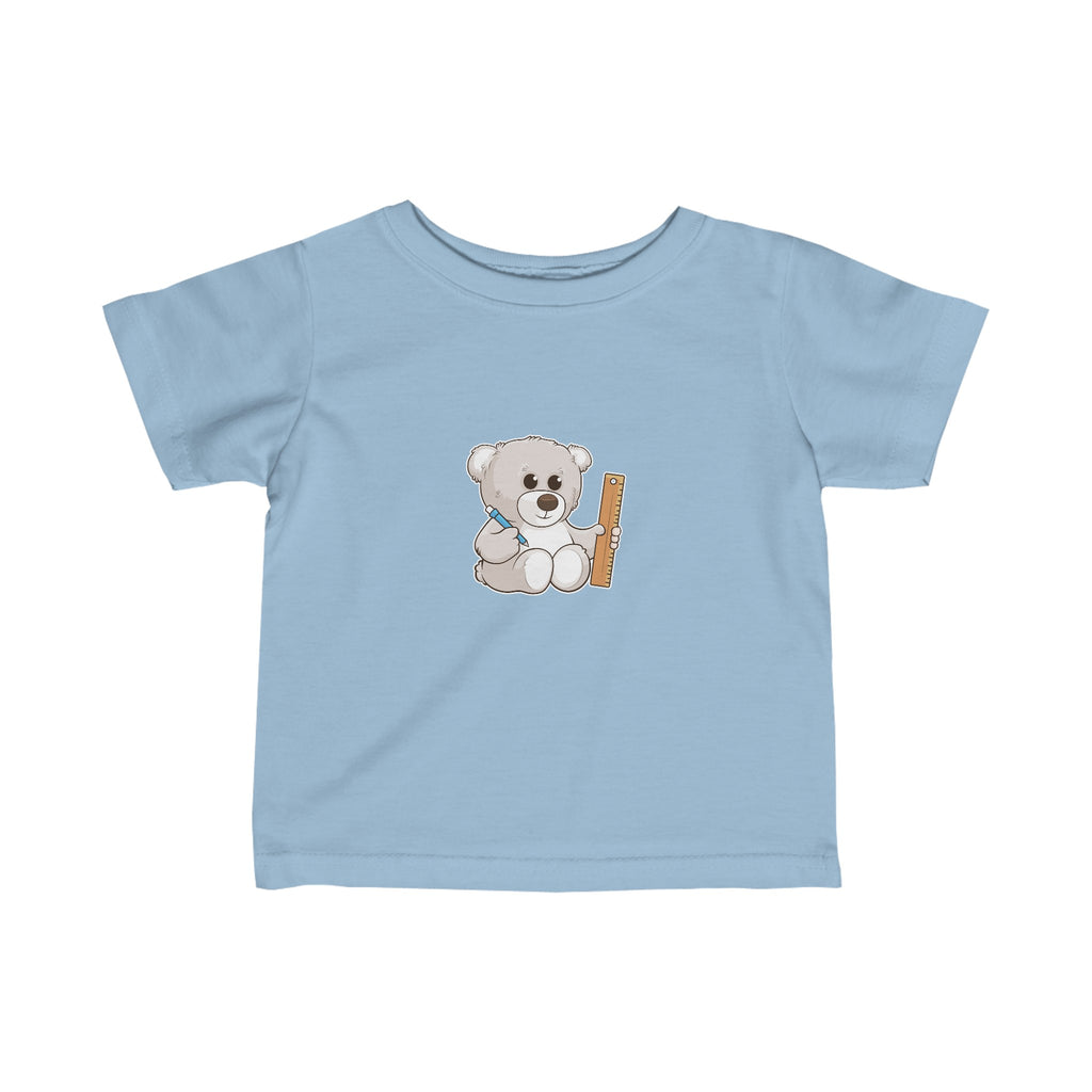 A short-sleeve light blue shirt with a picture of a bear.