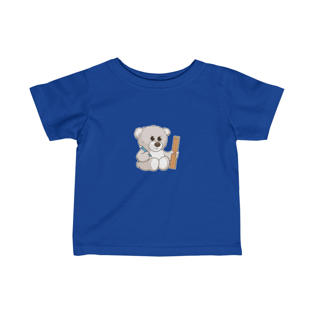 A short-sleeve royal blue shirt with a picture of a bear.