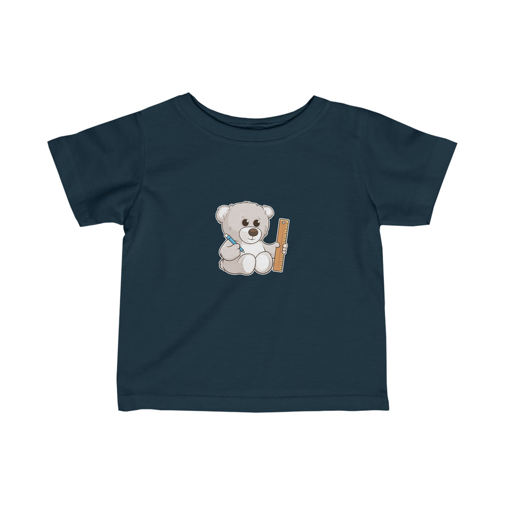 A short-sleeve navy blue shirt with a picture of a bear.