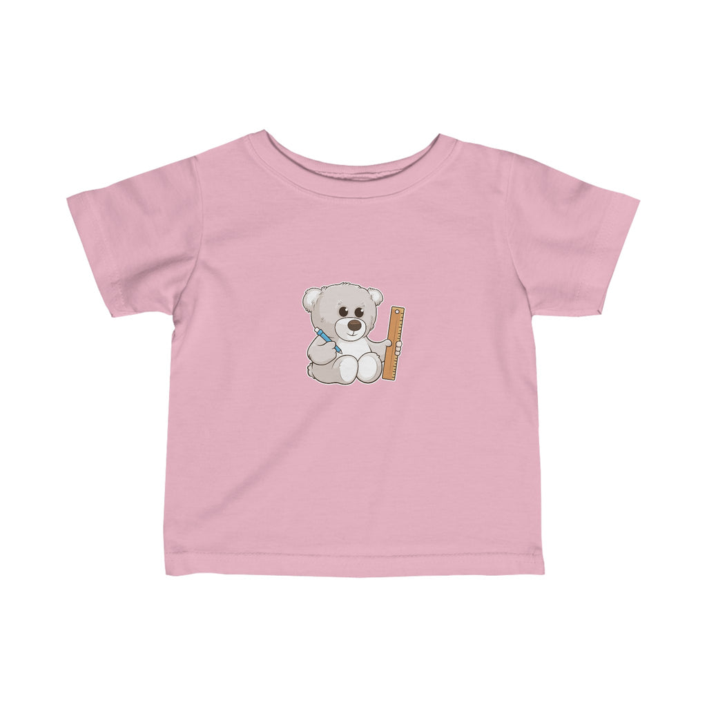 A short-sleeve light pink shirt with a picture of a bear.