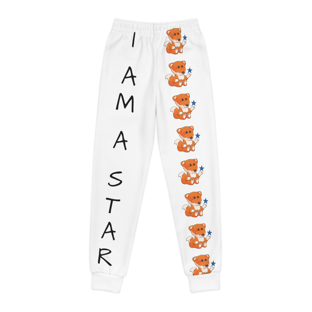 White sweatpants with a line of foxes down the front left leg and the phrase "I am a star" down the front right leg.