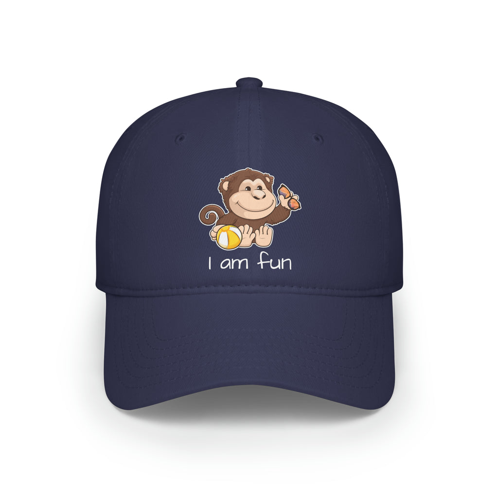Front-view of a navy blue baseball hat with a picture of a monkey that says I am fun.