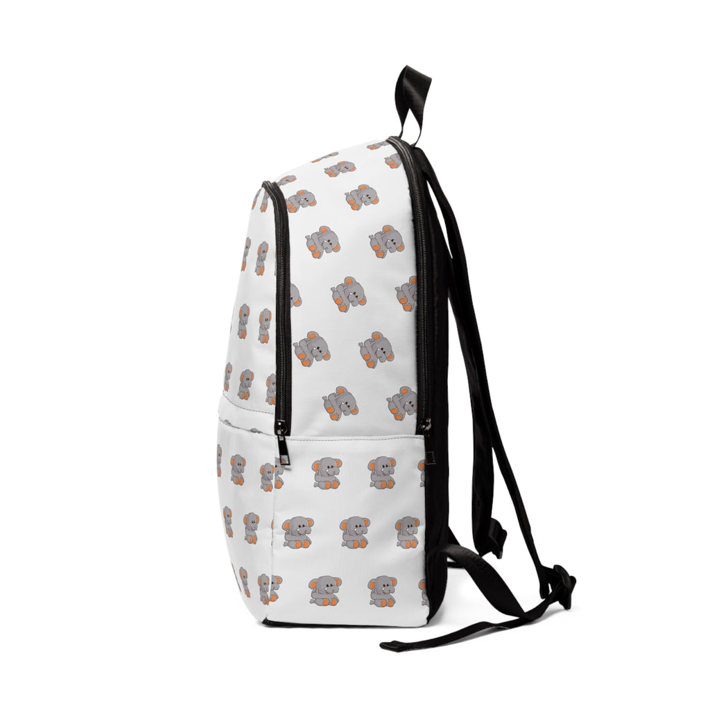 Other side-view of a backpack with a repeating pattern of an elephant.