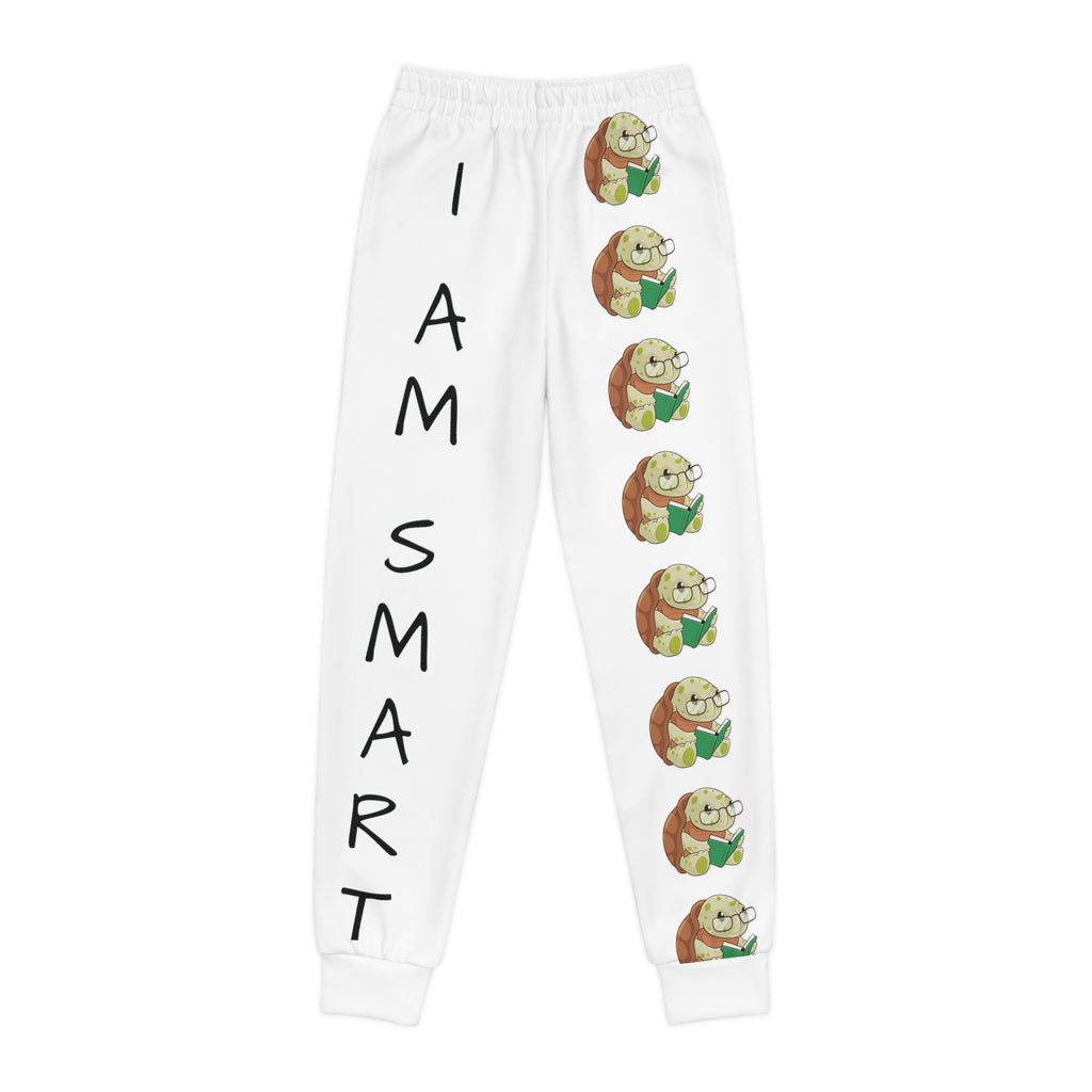 White sweatpants with a line of turtles down the front left leg and the phrase "I am smart" down the front right leg.