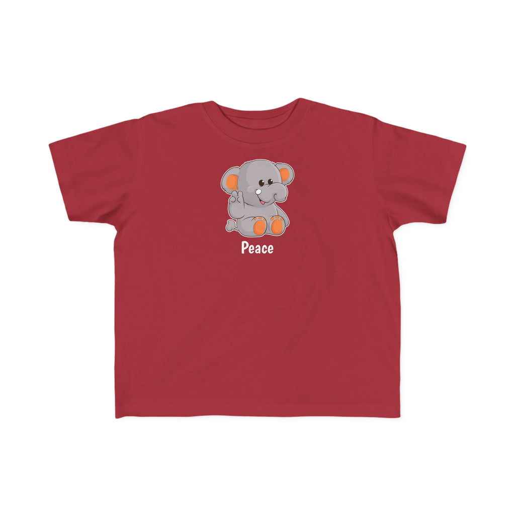A short-sleeve garnet red shirt with a picture of an elephant that says Peace.