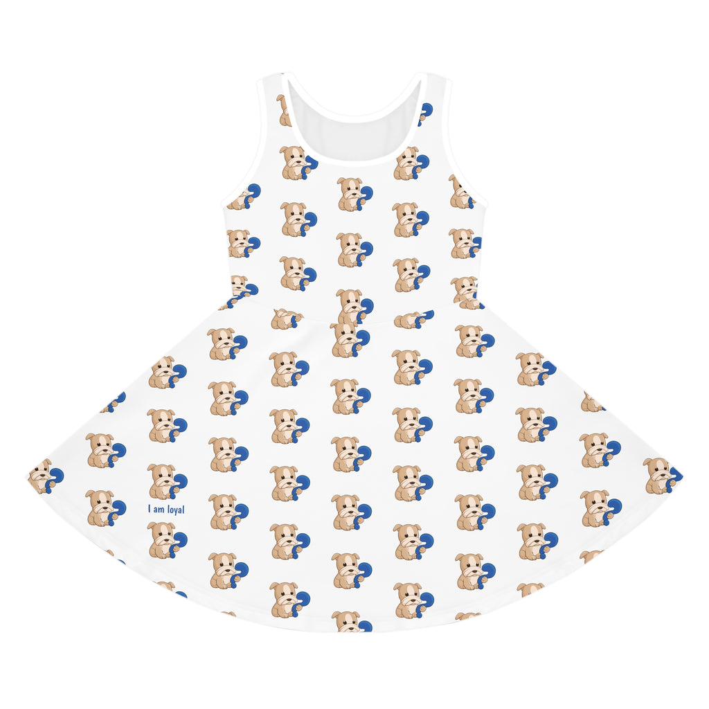 Front-view of a sleeveless white dress with a repeating pattern of a dog.
