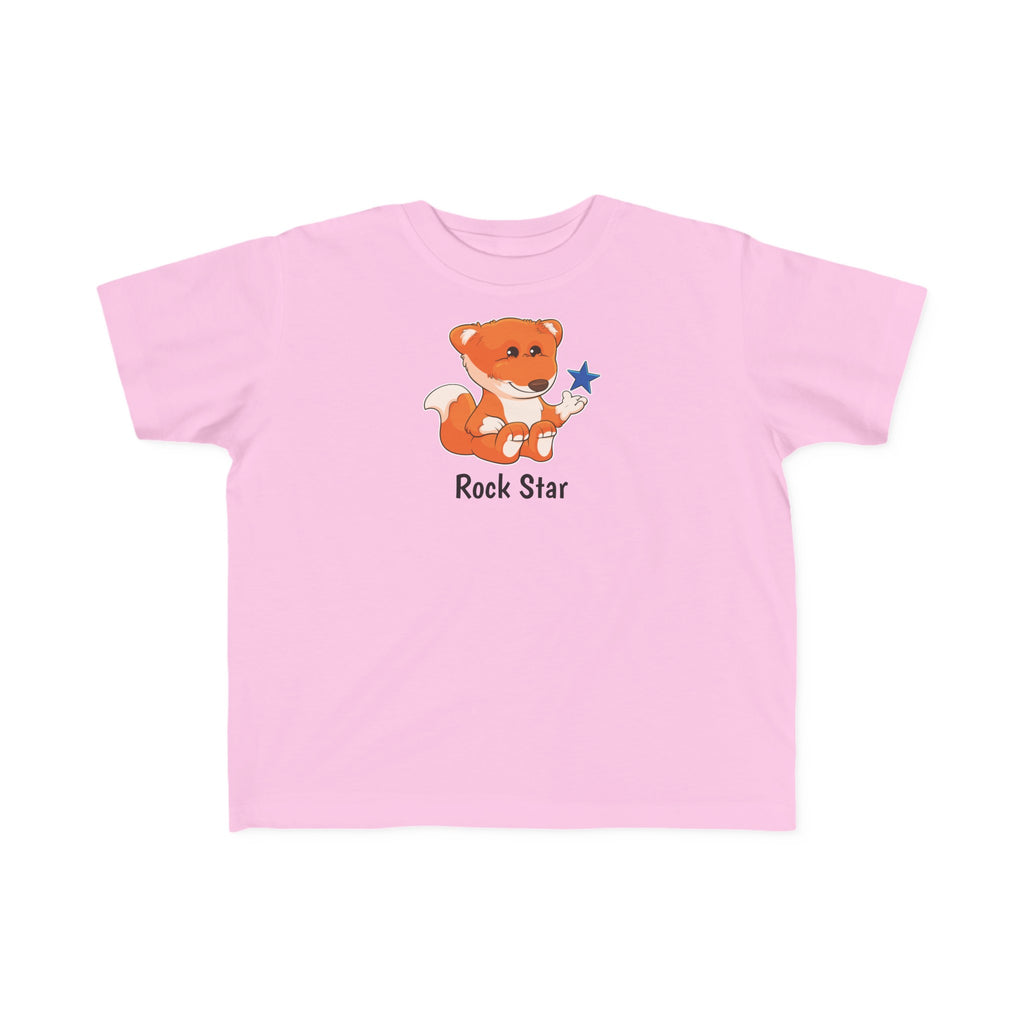 A short-sleeve pink shirt with a picture of a fox that says Rock Star.