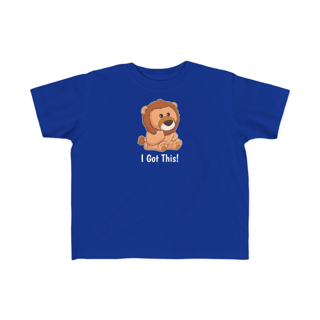A short-sleeve royal blue shirt with a picture of a lion that says I Got This.