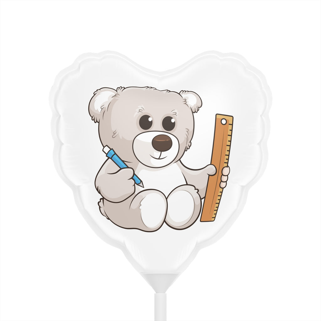 A heart-shaped white mylar balloon on a stick with a picture of a bear.
