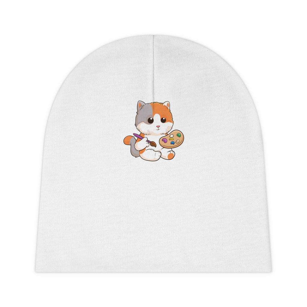 A white baby beanie with a small picture of a cat.