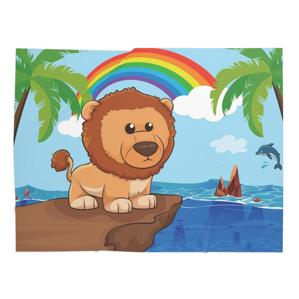 Full-color swaddle blanket with a lion standing on a cliff over the ocean with a rainbow in the background.