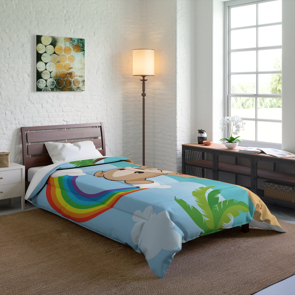 A 68 by 92 inch bed comforter with a scene of a dog lifeguard standing on a beach, a rainbow in the background, and the phrase "I am loyal" along the bottom. The comforter covers a twin extra long sized bed.