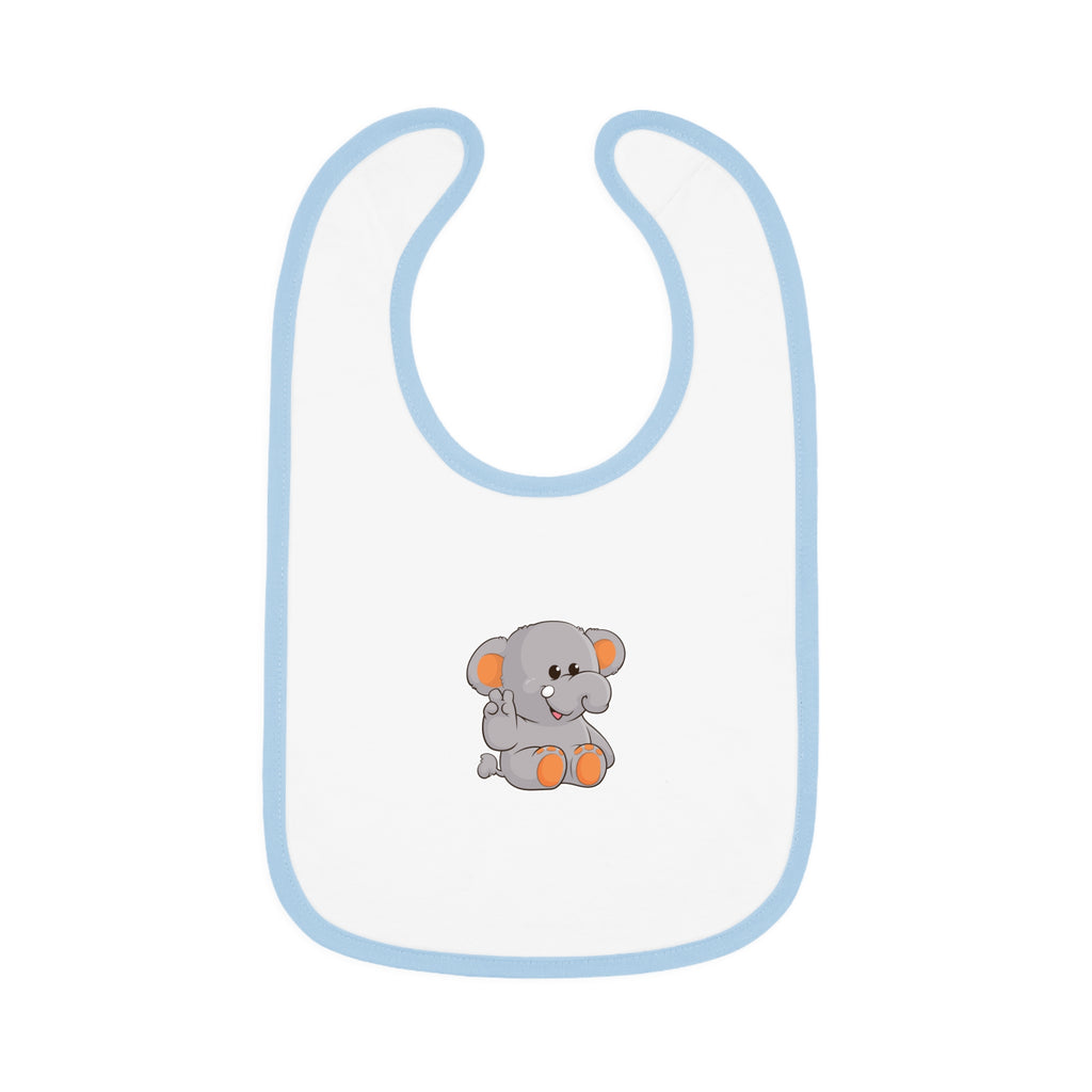 A white baby bib with light blue trim and a small picture of an elephant.