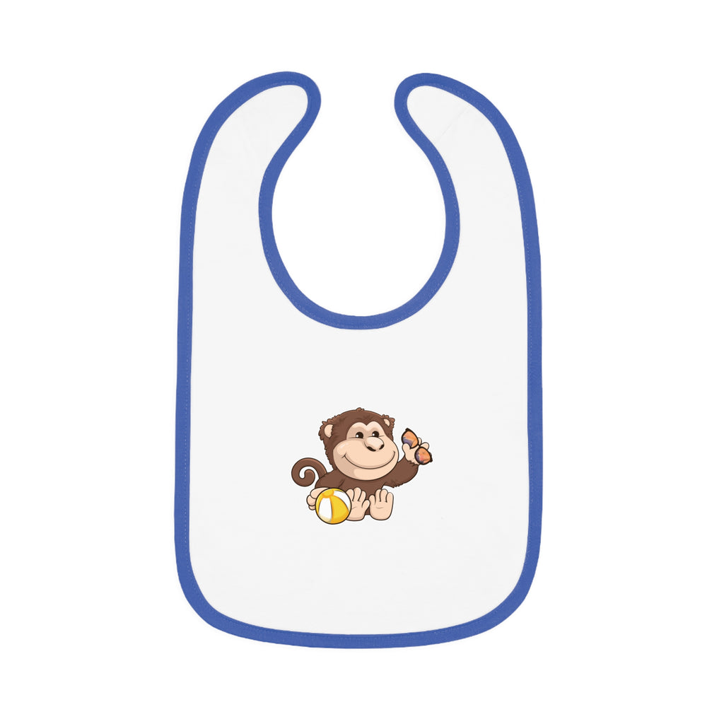 A white baby bib with royal blue trim and a small picture of a monkey.