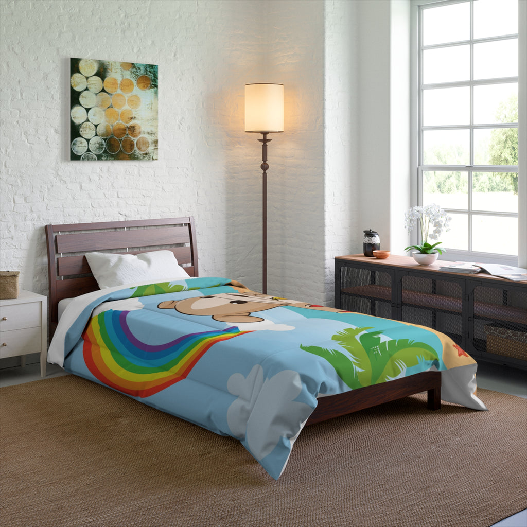 A 68 by 88 inch bed comforter with a scene of a dog lifeguard standing on a beach, a rainbow in the background, and the phrase "I am loyal" along the bottom. The comforter covers a twin-sized bed.