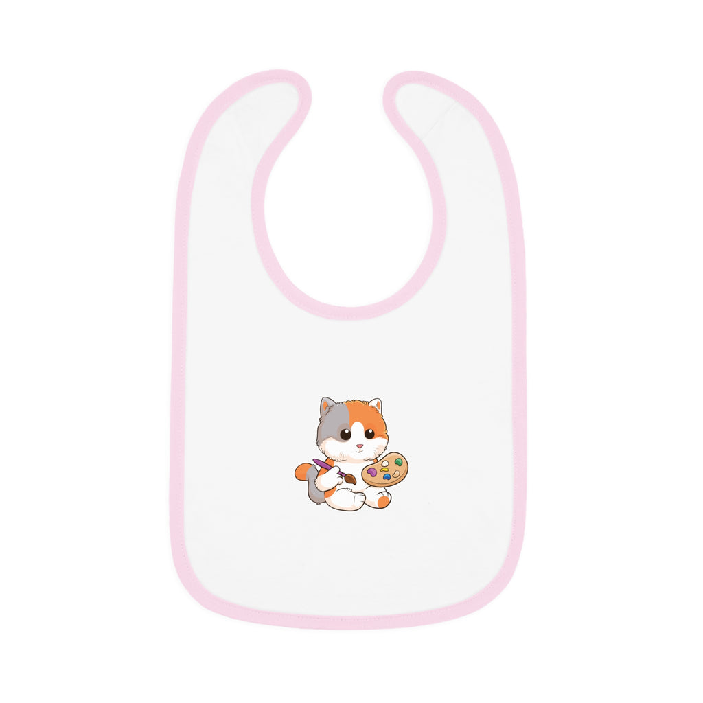 A white baby bib with light pink trim and a small picture of a cat.