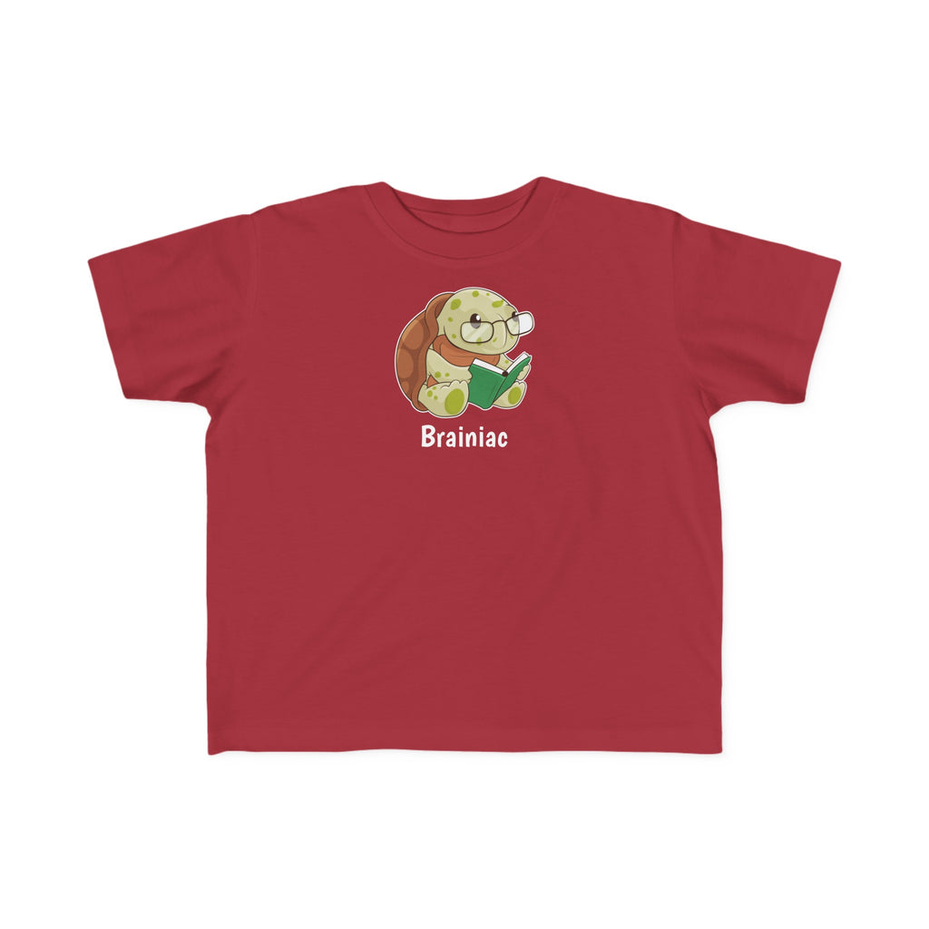A short-sleeve garnet red shirt with a picture of a turtle that says Brainiac.