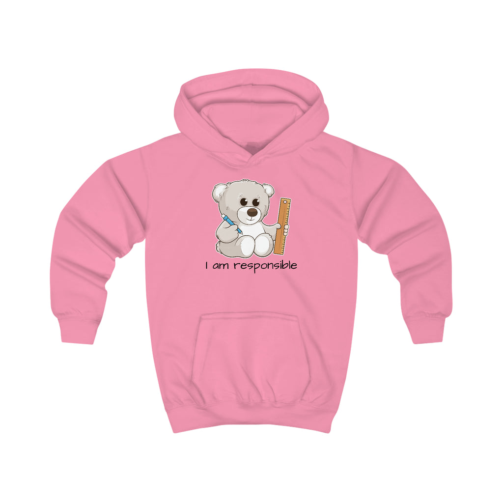 A pink hoodie with a picture of a bear that says I am responsible.
