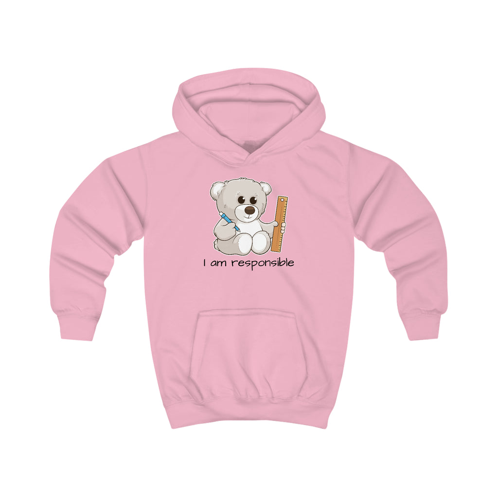 A light pink hoodie with a picture of a bear that says I am responsible.