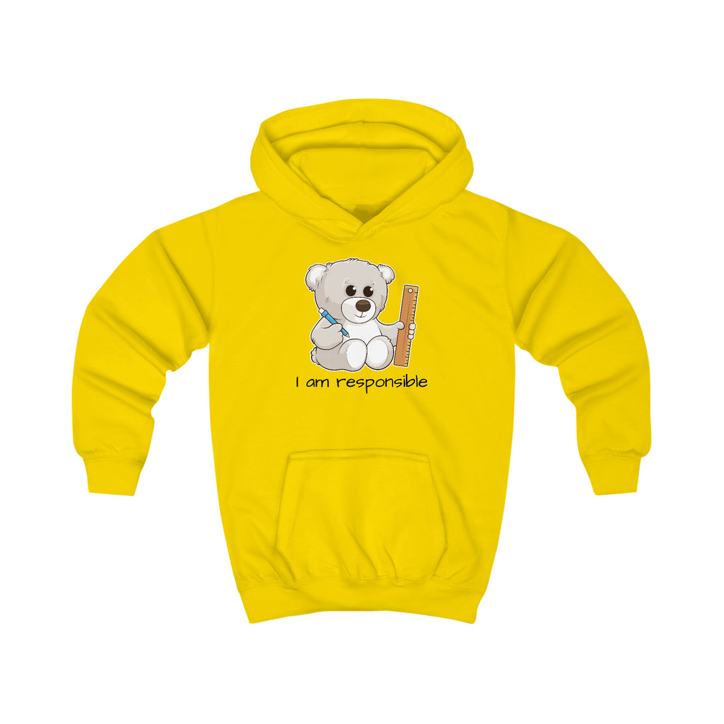 A yellow hoodie with a picture of a bear that says I am responsible.