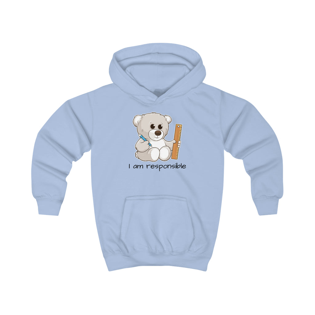 A light blue hoodie with a picture of a bear that says I am responsible.