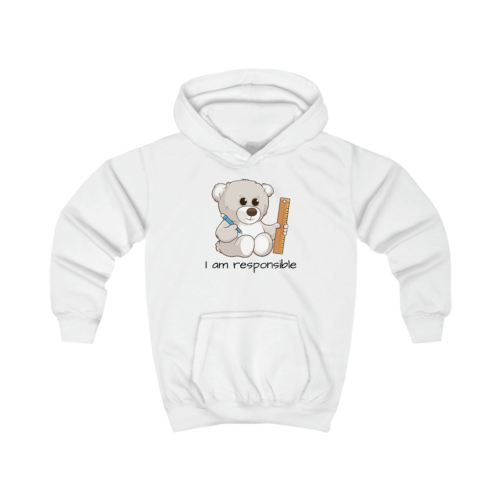 A white hoodie with a picture of a bear that says I am responsible.