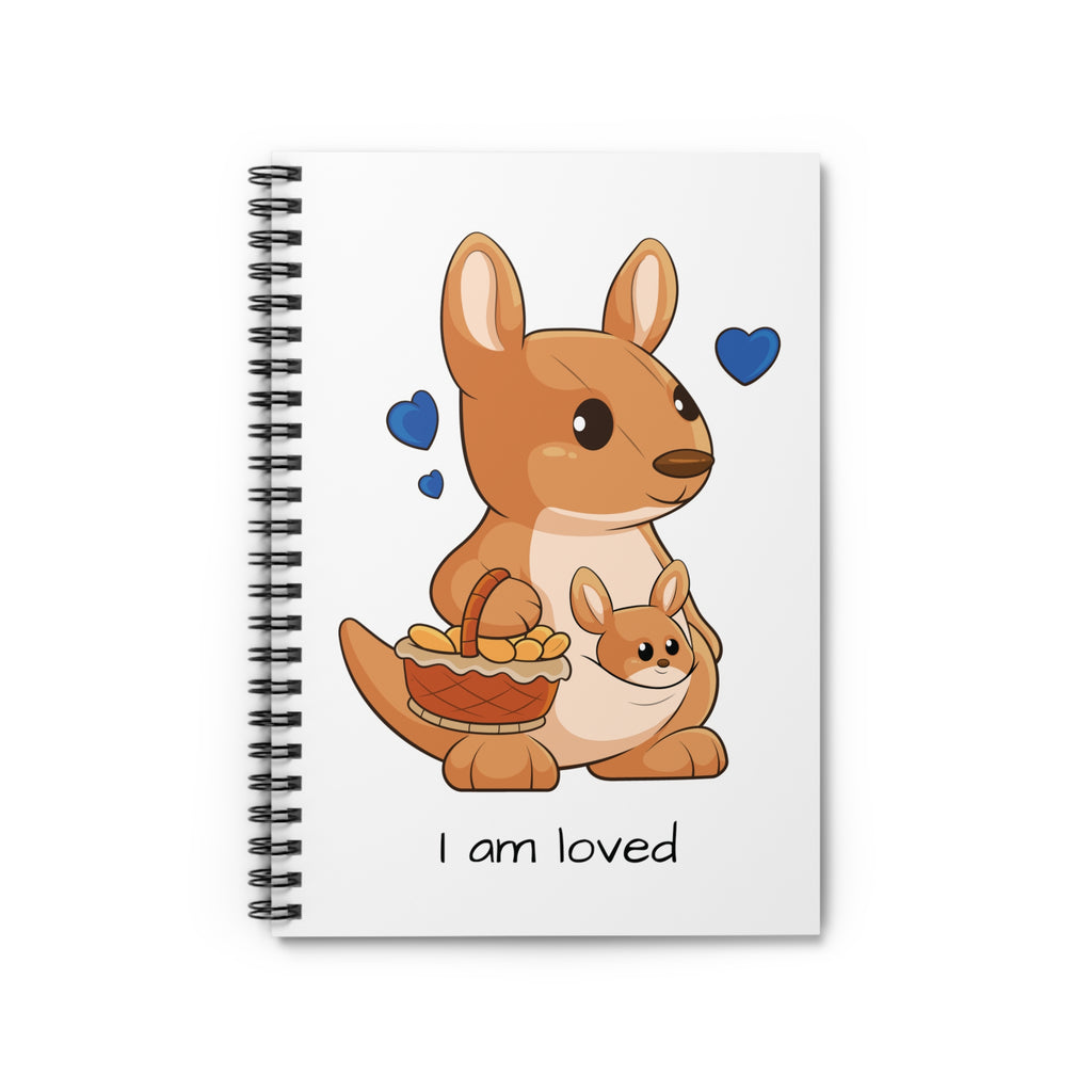 White spiral notebook laying closed, featuring a picture of a kangaroo that says I am loved.