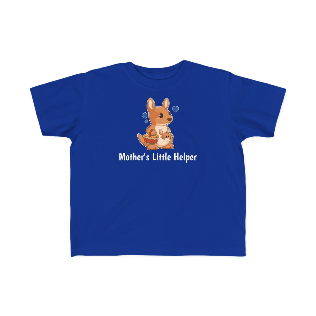 A short-sleeve royal blue shirt with a picture of a kangaroo that says Mother's Little Helper.