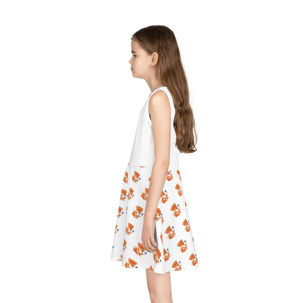 Left side-view of a girl wearing a sleeveless white dress with a white top and a repeating pattern of a fox on the skirt.