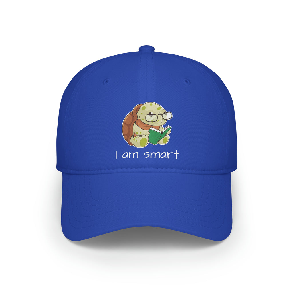 Front-view of a royal blue baseball hat with a picture of a turtle that says I am smart.