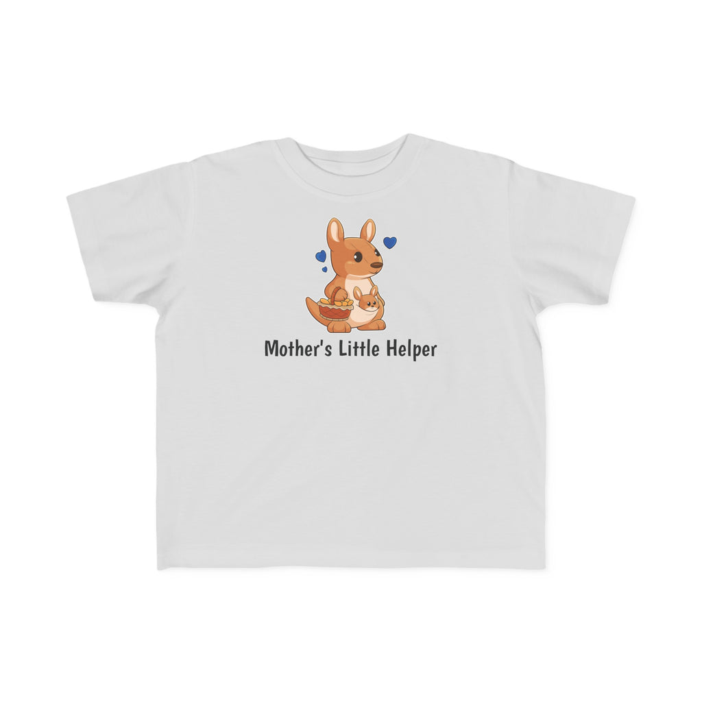 A short-sleeve grey shirt with a picture of a kangaroo that says Mother's Little Helper.