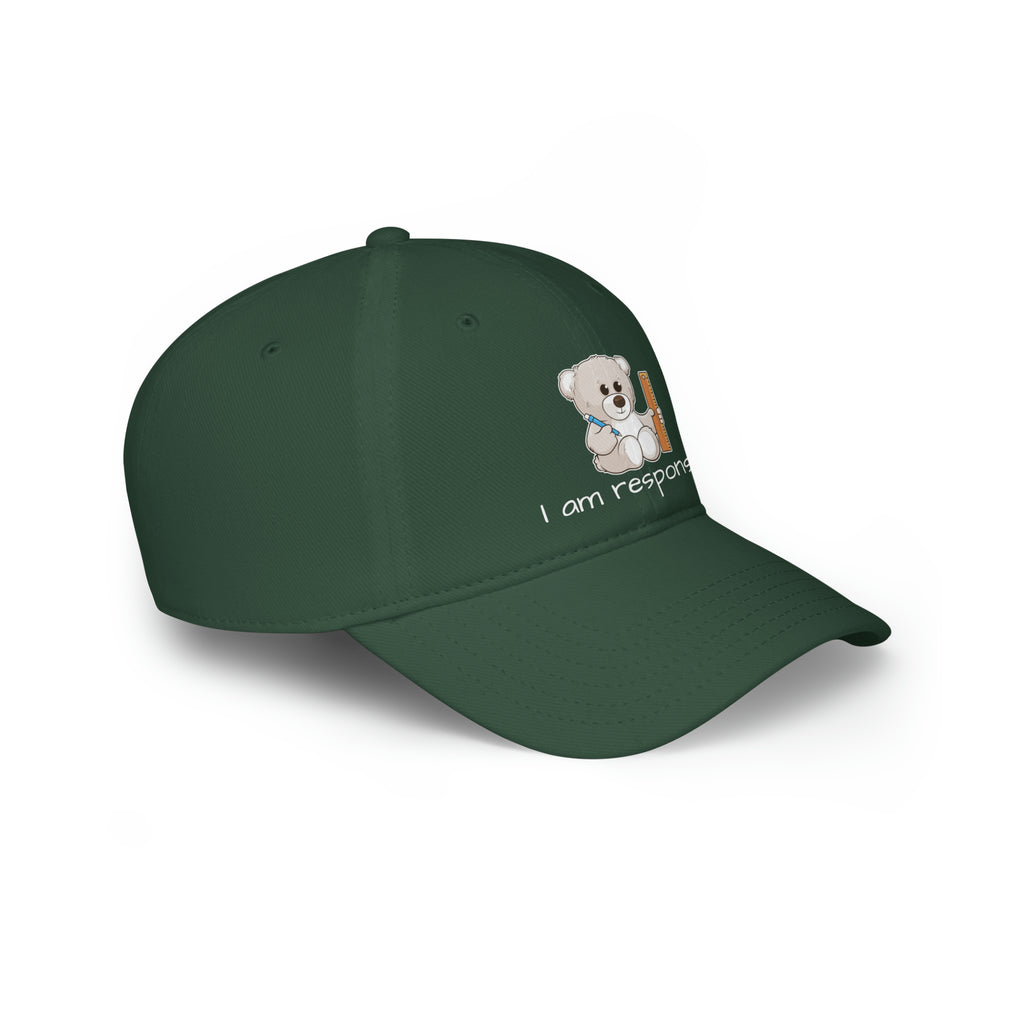 Side-view of a dark green baseball hat with a picture of a bear that says I am responsible.