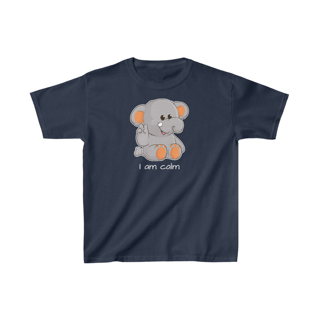 A short-sleeve navy blue shirt with a picture of an elephant that says I am calm.