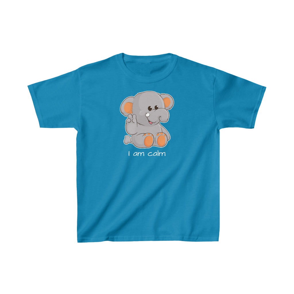 A short-sleeve sapphire blue shirt with a picture of an elephant that says I am calm.