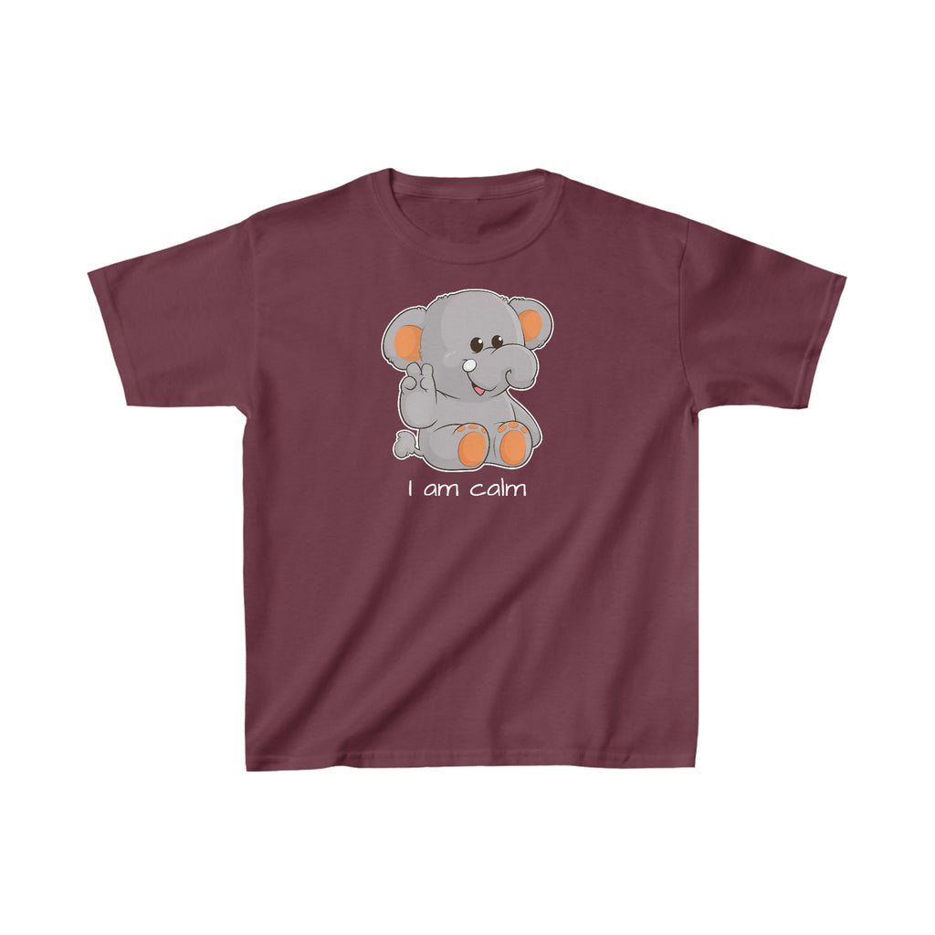 A short-sleeve maroon shirt with a picture of an elephant that says I am calm.