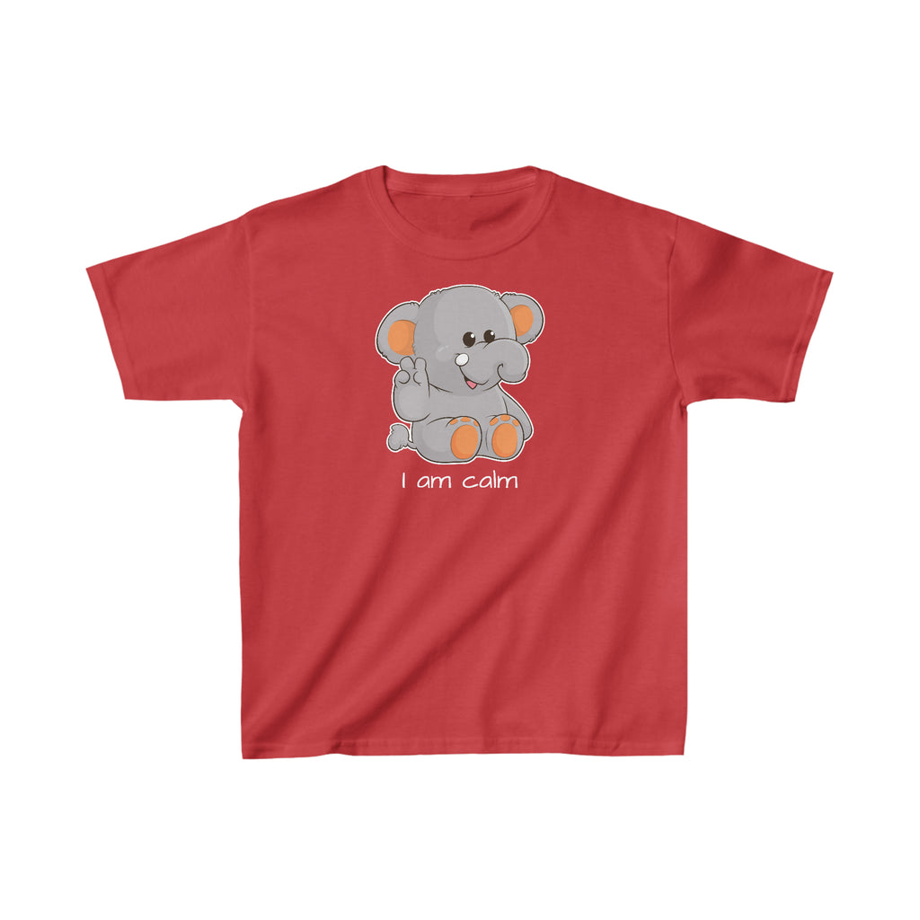 A short-sleeve red shirt with a picture of an elephant that says I am calm.