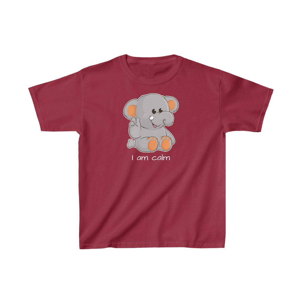 A short-sleeve cardinal red shirt with a picture of an elephant that says I am calm.