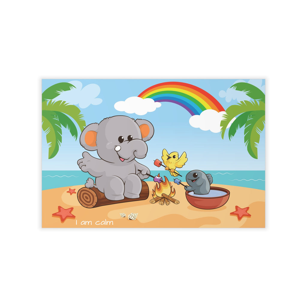 A wall decal that has a scene of an elephant having a bonfire with a bird and fish on the beach, a rainbow in the background, and the phrase "I am calm" along the bottom.
