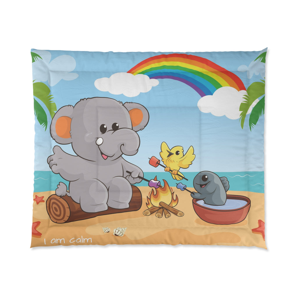 A 104 by 88 inch bed comforter with a scene of an elephant having a bonfire with a bird and fish on the beach, a rainbow in the background, and the phrase "I am calm" along the bottom.