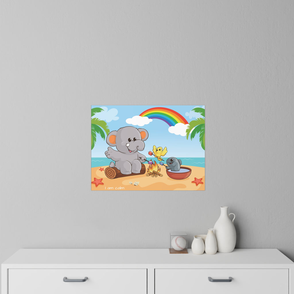 A 24 by 18 inch wall decal on a grey wall above a dresser. The wall decal has a scene of an elephant having a bonfire with a bird and fish on the beach, a rainbow in the background, and the phrase "I am calm" along the bottom.