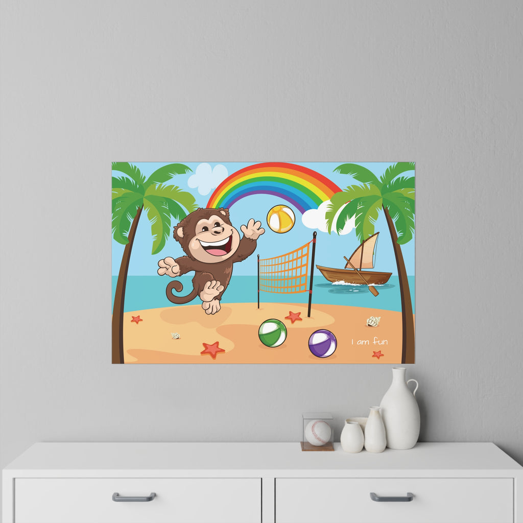 A 36 by 24 inch wall decal on a grey wall above a dresser. The wall decal has a scene of a monkey playing volleyball on the beach, a rainbow in the background, and the phrase "I am fun" along the bottom.