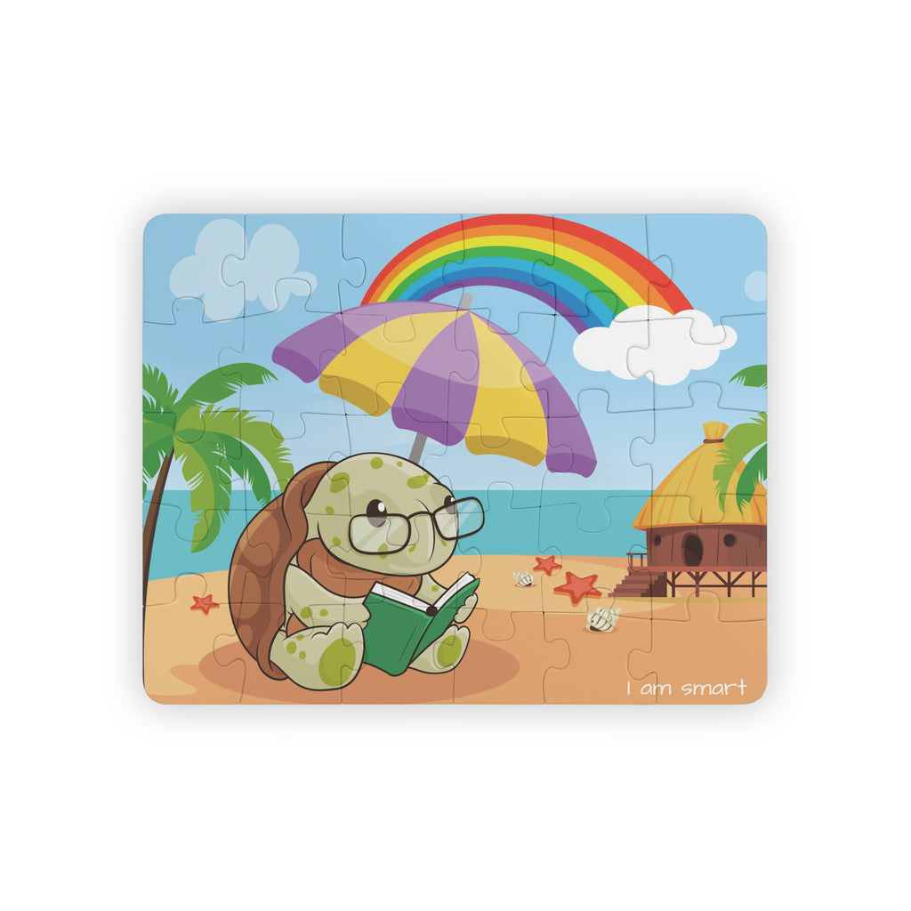 A 30 piece puzzle with a scene of a turtle reading a book under an umbrella on the beach, a rainbow in the background, and the phrase "I am smart" along the bottom.