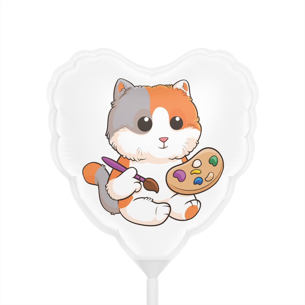 A heart-shaped white mylar balloon on a stick with a picture of a cat.
