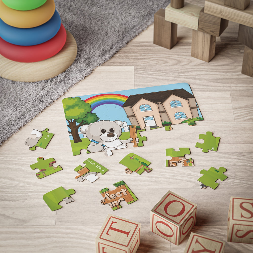 A 30 piece puzzle with a scene of a bear sitting in the yard of its house, a rainbow in the background, and the phrase "I am responsible" along the bottom. The puzzle is partially assembled on the floor of a child's playroom.