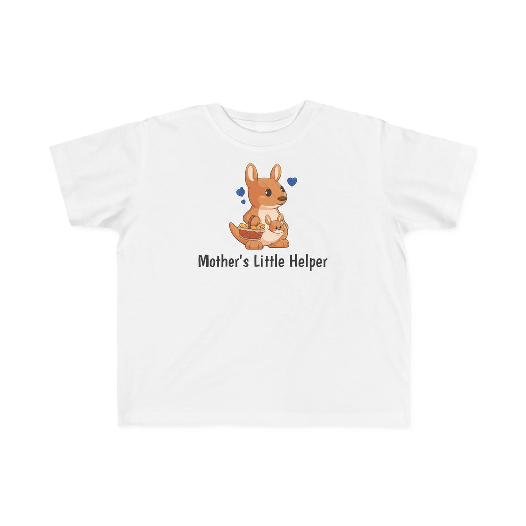A short-sleeve white shirt with a picture of a kangaroo that says Mother's Little Helper.
